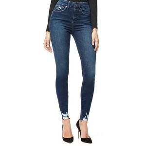 Good American Good Waist Jeans Skinny High Rise Dark Wash Distressed Sz 18 Blue